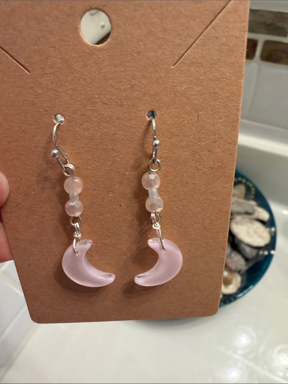 Delicate Pink Crescent Moon Dangle Earrings